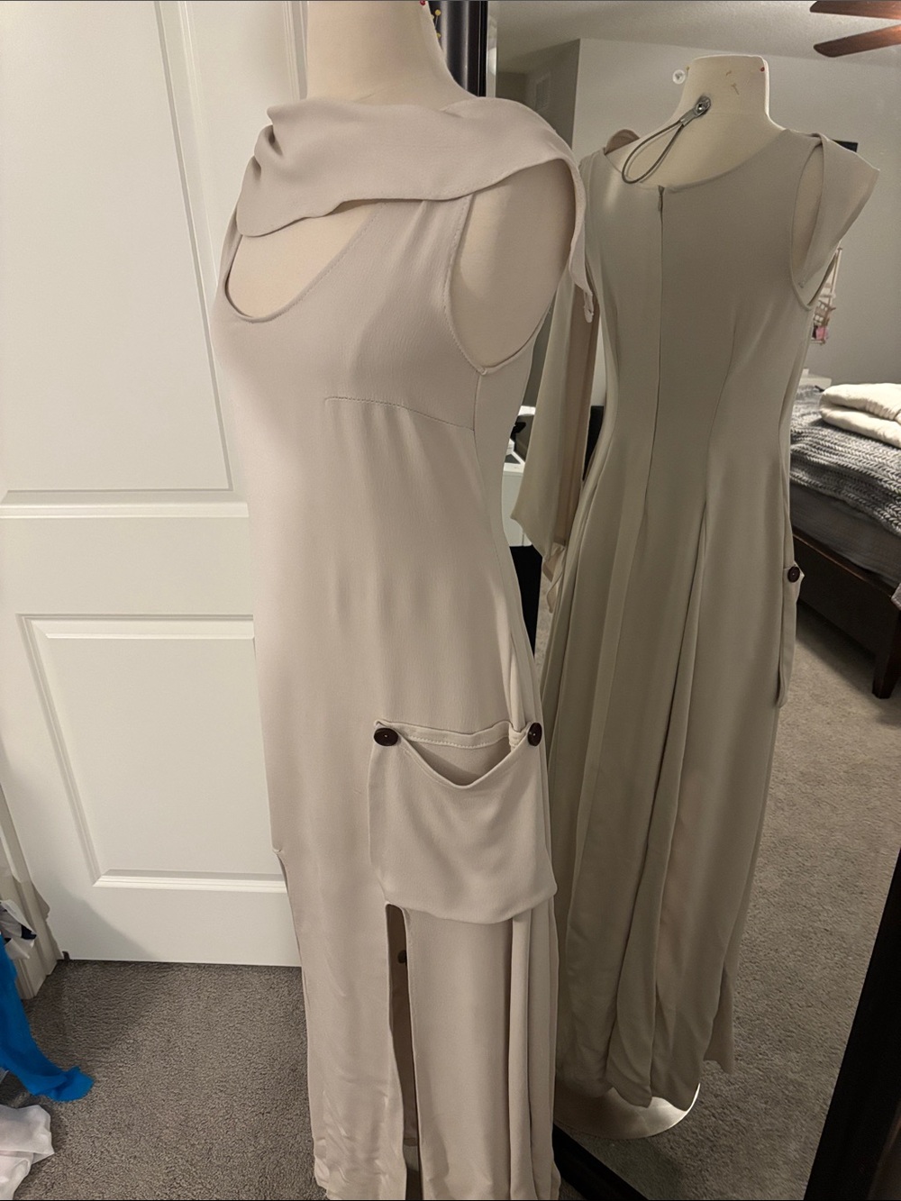 Sleeveless Cream Maxi Dress with Draped Neck and Side Pocket